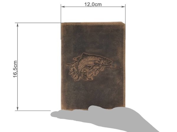 Ausweisetui Leder 12x16cm 3teilig mit Fisch-Prägung "Vintage" antikbraun Forelle